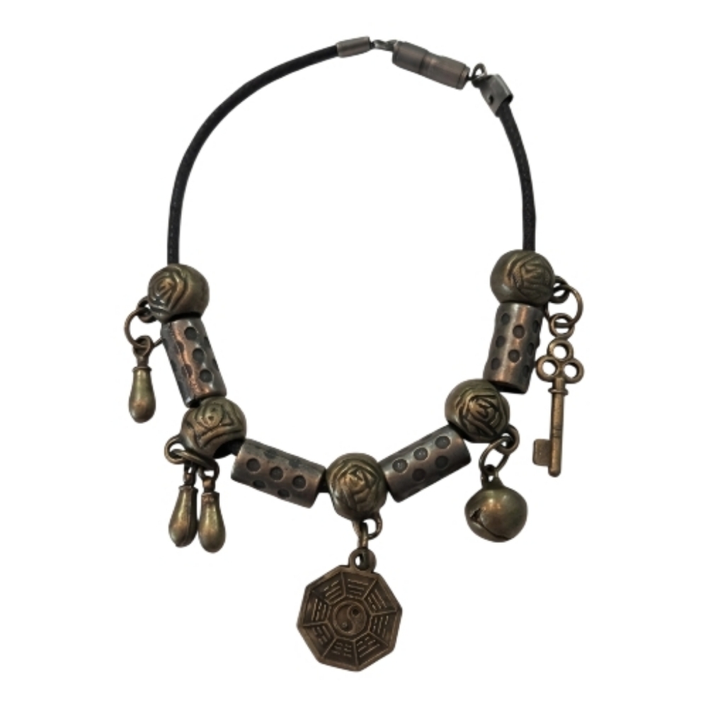 Vintage Chinese Brass Charm Bracelet | Yin Yang Bagua | Lucky Key & Bell